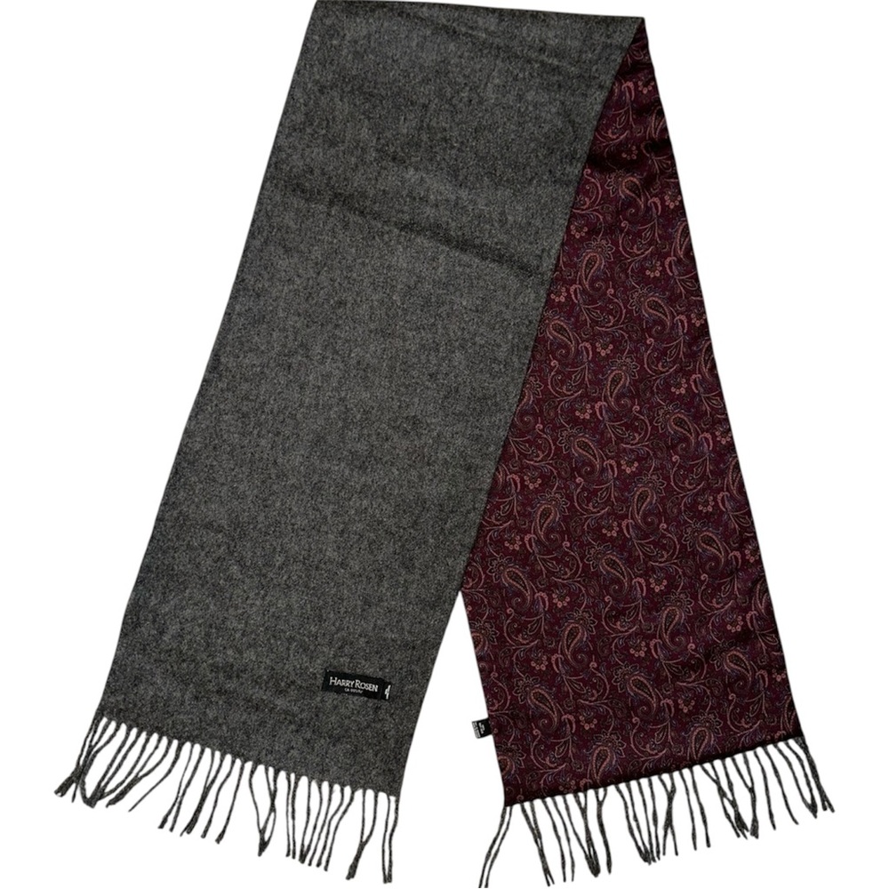 HARRY ROSEN Gray Wool and Silk Burgundy Paisley Men's Scarf